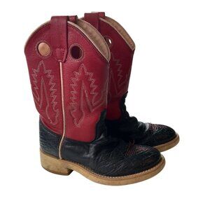 Old West Boy Sz120 Black & Red Leather Cowboy Boots Western Kids Sz 5T*Read